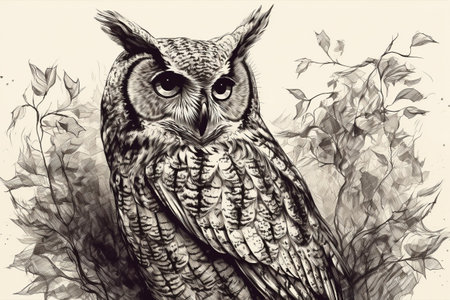 Hand drawn ink illustration of an owl in its natural habitat. Created with generative AI.の素材