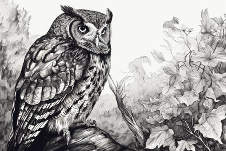 Hand drawn ink illustration of an owl in its natural habitat. Created with generative AI.の素材