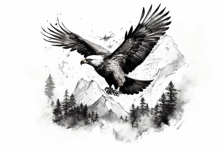 Hand drawn ink illustration of an eagle in its natural habitat. Created with generative AI.の素材