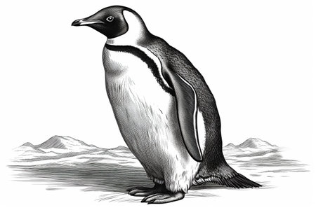 Hand drawn ink illustration of a emperor penguin in its natural habitat. Created with generative AI.の素材