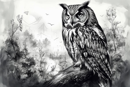 Hand drawn ink illustration of an owl in its natural habitat. Created with generative AI.の素材