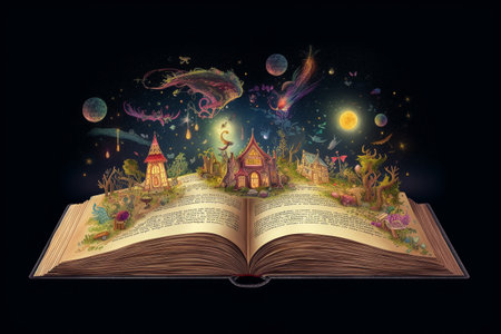 Illustration of a magical book containing beautiful fantastic stories. Generative AIの素材