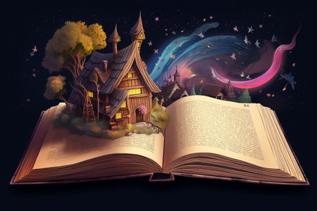 Illustration of a magical book containing beautiful fantastic stories. Generative AIの素材