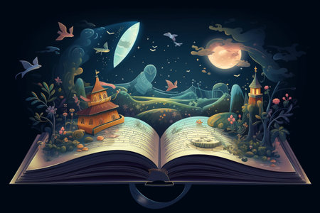 Illustration of a magical book containing beautiful fantastic stories. Generative AIの素材