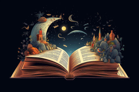 Illustration of a magical book containing beautiful fantastic stories. Generative AIの素材