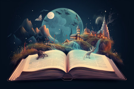 Illustration of a magical book containing beautiful fantastic stories. Generative AIの素材