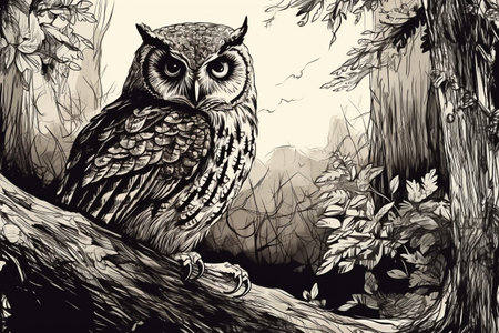 Hand drawn ink illustration of an owl in its natural habitat. Created with generative AI.の素材