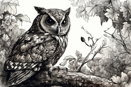 Hand drawn ink illustration of an owl in its natural habitat. Created with generative AI.の素材