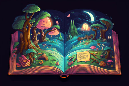 Illustration of a magical book containing beautiful fantastic stories. Generative AIの素材