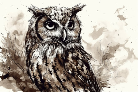 Hand drawn ink illustration of an owl in its natural habitat. Created with generative AI.の素材