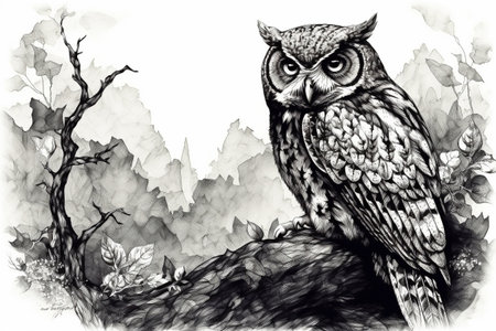 Hand drawn ink illustration of an owl in its natural habitat. Created with generative AI.の素材