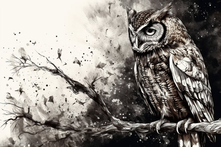 Hand drawn ink illustration of an owl in its natural habitat. Created with generative AI.の素材