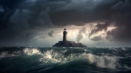 Illustration of a beautiful lighthouse in a dramatic storm. Created with generative AIの素材