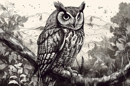 Hand drawn ink illustration of an owl in its natural habitat. Created with generative AI.の素材