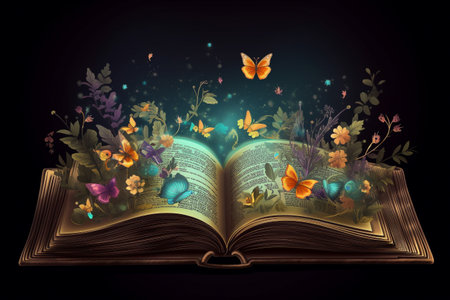 Illustration of a magical book containing beautiful fantastic stories. Generative AIの素材
