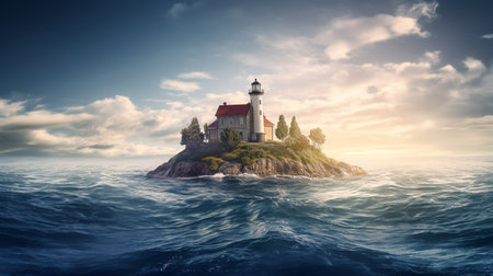 Colorful illustration of a beautiful lighthouse on an island in the middle of a calm ocean in daylight. Created with generative AIの素材