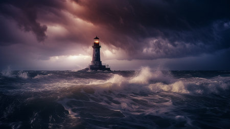 Illustration of a beautiful lighthouse in a dramatic storm. Created with generative AIの素材