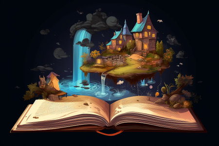 Illustration of a magical book containing beautiful fantastic stories. Generative AIの素材
