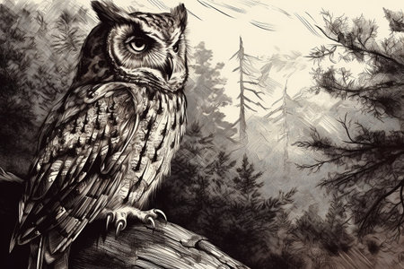 Hand drawn ink illustration of an owl in its natural habitat. Created with generative AI.の素材