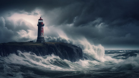 Illustration of a beautiful lighthouse in a dramatic storm. Created with generative AIの素材