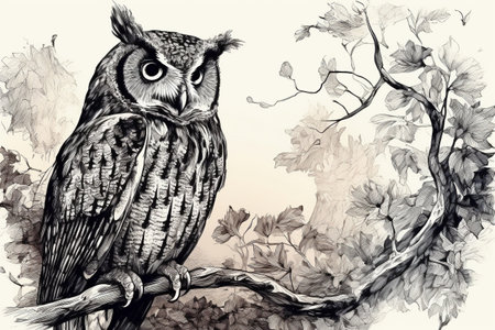 Hand drawn ink illustration of an owl in its natural habitat. Created with generative AI.の素材
