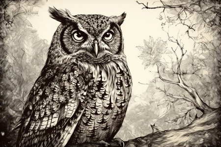 Hand drawn ink illustration of an owl in its natural habitat. Created with generative AI.の素材