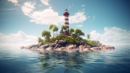 Colorful illustration of a beautiful lighthouse on an island in the middle of a calm ocean in daylight. Created with generative AIの素材
