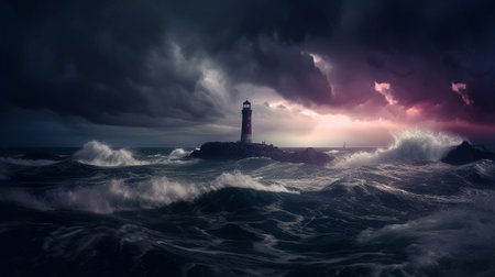 Illustration of a beautiful lighthouse in a dramatic storm. Created with generative AIの素材