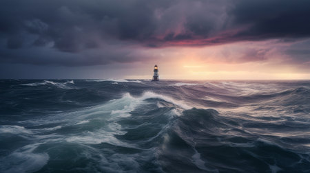 Illustration of a beautiful lighthouse in a dramatic storm. Created with generative AIの素材
