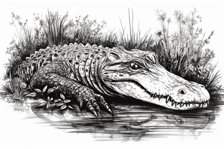 Hand drawn ink illustration of an aligator in its natural habitat. Created with generative AI.の素材