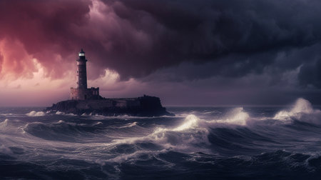 Illustration of a beautiful lighthouse in a dramatic storm. Created with generative AIの素材