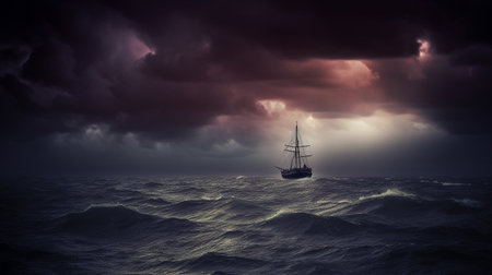 Illustration of a boat sailing in the middle of the ocean during a storm. Created with generative AIの素材