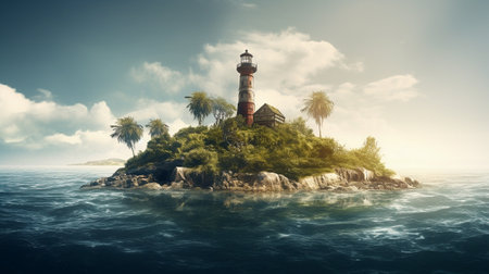 Colorful illustration of a beautiful lighthouse on an island in the middle of a calm ocean in daylight. Created with generative AIの素材