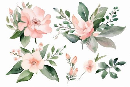 Hand drawn illustration of a watercolor pink flower with green leafs. Created with generative AIの素材