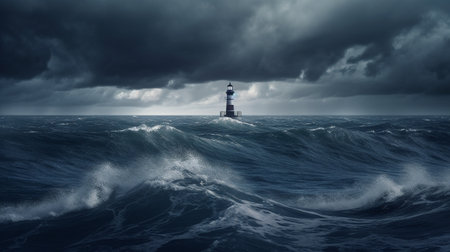Illustration of a beautiful lighthouse in a dramatic storm. Created with generative AIの素材