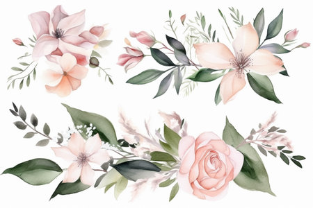 Hand drawn illustration of a watercolor pink flower with green leafs. Created with generative AIの素材