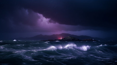 Illustration of a beautiful lighthouse in a dramatic storm. Created with generative AIの素材