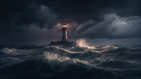 Illustration of a beautiful lighthouse in a dramatic storm. Created with generative AIの素材