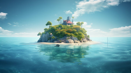 Colorful illustration of a beautiful lighthouse on an island in the middle of a calm ocean in daylight. Created with generative AIの素材