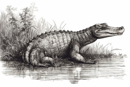 Hand drawn ink illustration of an aligator in its natural habitat. Created with generative AI.の素材
