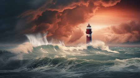 Illustration of a beautiful lighthouse in a dramatic storm. Created with generative AIの素材