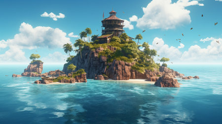 Colorful illustration of a beautiful lighthouse on an island in the middle of a calm ocean in daylight. Created with generative AIの素材