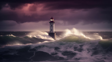 Illustration of a beautiful lighthouse in a dramatic storm. Created with generative AIの素材