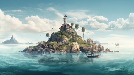 Colorful illustration of a beautiful lighthouse on an island in the middle of a calm ocean in daylight. Created with generative AIの素材