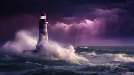 Illustration of a beautiful lighthouse in a dramatic storm. Created with generative AIの素材