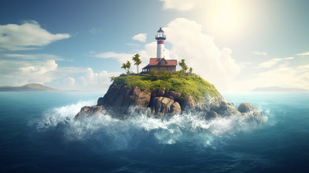 Colorful illustration of a beautiful lighthouse on an island in the middle of a calm ocean in daylight. Created with generative AIの素材