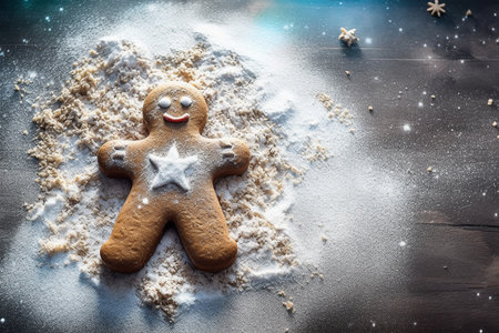 Freshly baked gingerbread man sitting on the kitchen table. Conceptual Christmas illustration. Created with generative AIの素材