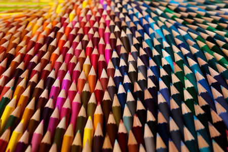 Multiple differently colored pencils arranged neatly. Illustration created with generative AIの素材