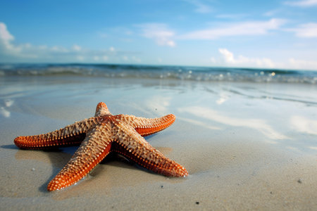 Beautiful tropical beach with a starfish. Conceptual summer illustration created with generative AIの素材