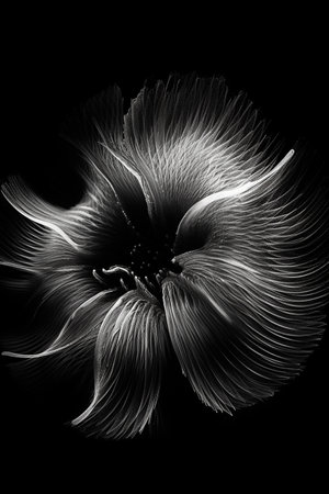 Black and white artistic conceptual illustration of a beautiful flower or floral element closeup. Created with generative AIの素材